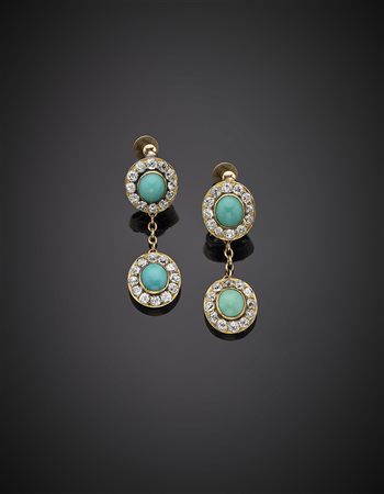 Orecchini pendenti in oro giallo 333/1000, diamanti rotondi e turchesi...