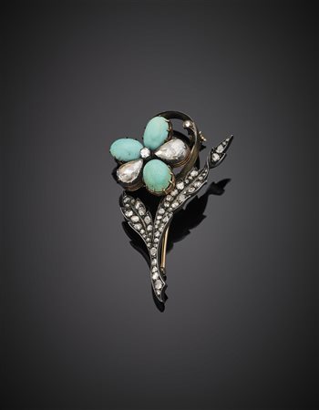 Spilla a fiore in oro giallo 585/1000, argento, diamanti a mezza rosetta e...