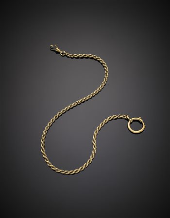 Catena da orologio in oro giallo attorcigliata, g 30,25, lungh. cm 39,20...