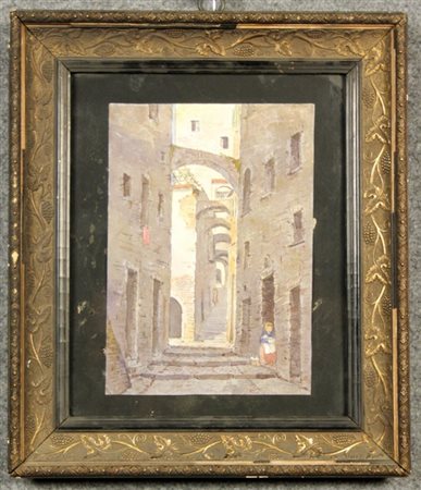 Firmato. Tempera su carta raff. ''CARRUGI DI GENOVA''. Fine XIX secolo. In...