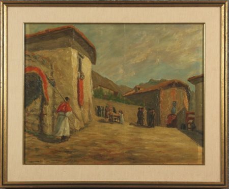 Firmato, datato. Dipinto olio su compensato raff. ''PERSONAGGI IN PAESE''. XX...