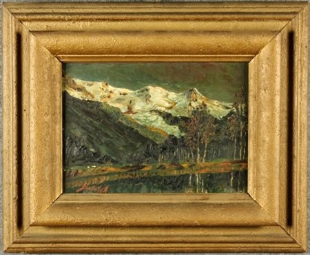 Firmato. Dipinto olio su cartone raff. ''MONTAGNE''. Firmato ROTTA ITALO in...