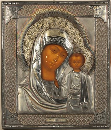 Icona russa con riza in argento raff. ''MADONNA CON BAMBINO''. Mosca. Anno...