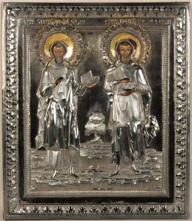Firmato, datato. Icona russa con riza in argento raff. ''SANTI COSMA E...
