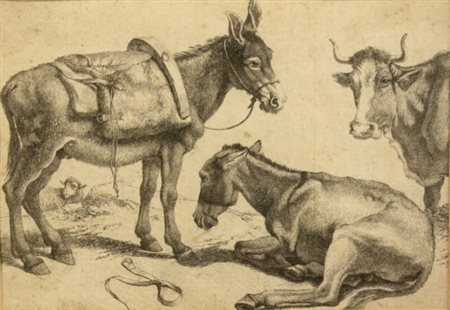 Firmato, datato. Quattro stampe su cartoncino raff. ''ANIMALI AL PASCOLO''....