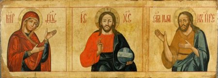 Firmato, datato. Grande icona dipinta su tavola raff. ''MADONNA, CRISTO E SAN...