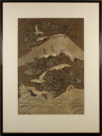 Firmato, datato. Piccolo punto in filo di seta raff. ''PAESAGGIO CON MONTE...