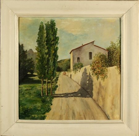 Dipinto olio su compensato raff. ''PAESAGGIO CON CASCINALE''. Sul retro...