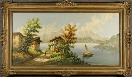 Firmato. Dipinto olio su faesite raff. ''PAESAGGIO MONTANO CON LAGO''. XX...