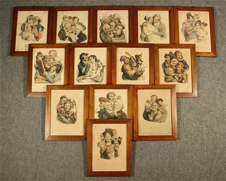 Firmato, datato. Tredici stampe su cartoncino disegnate da Louis Leopold...