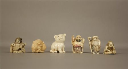 Firmato. Sei netsuke in avorio raff. ''SOGGETTI VARI''. Cina. XX secolo.