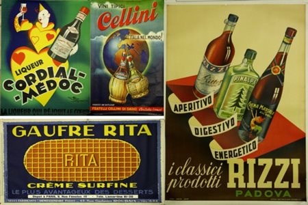 Firmato, datato. Lotto composto da quattro manifesti pubblicitari su carta,...