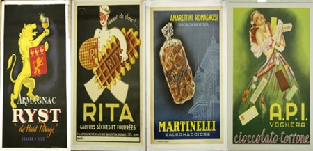 Firmato. Lotto composto da quattro manifesti pubblicitari su carta rintelata,...