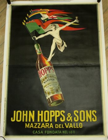 Firmato, datato. Manifesto pubblicitario su carta rintelata raff. ''MARSALA...