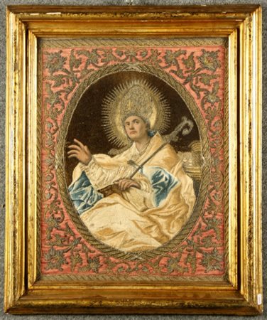 Firmato. Piccolo punto su seta raff. ''SAN GENNARO''. Inizi XIX secolo. In...