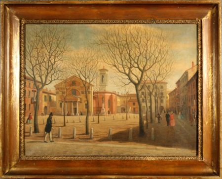 Dipinto olio su tela raff. ''PIAZZA ALBERATA CON PERSONAGGI E CHIESA SULLO...