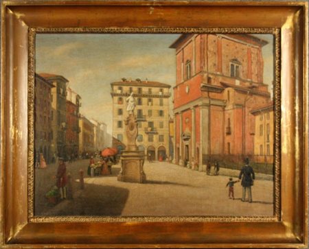 Dipinto olio su tela raff. ''PIAZZA CON MONUMENTO AL CENTRO E PERSONAGGI''....