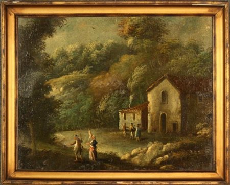 Dipinto olio su tela raff. ''PAESAGGIO CON PERSONAGGI''. XVIII secolo. In...