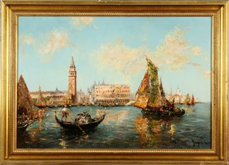 Dipinto olio su tela raff. ''PIAZZA SAN MARCO DALLA LAGUNA CON BARCHE''....