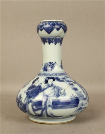 Piccolo vaso in porcellana bianca e blu raff. ''SCENE DI GENERE''. Con...