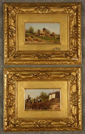 Coppia di dipinti olio su tavola raff. ''PAESAGGI CON PERSONAGGI''. Firmati...