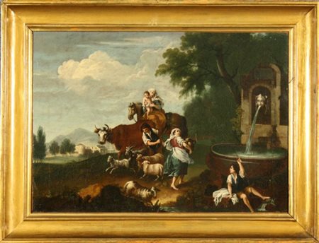 Dipinto olio su tela raff. ''MADONNA CON BAMBINO A CAVALLO CON PASTORI E...