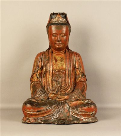 Firmato. Scultura in bronzo laccato e dorato raff. ''BUDDHA''. Cina. Periodo...