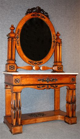 Firmato, datato. Toilette in legno chiaro arricchita da profili e decori...