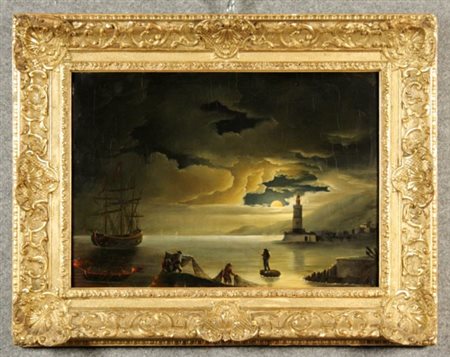 Firmato. Esemplare: 3 di 6. Dipinto olio su tela raff. ''MARINA NOTTURNA CON...