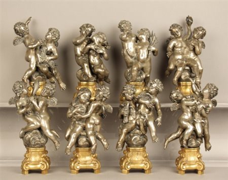 Firmato, datato. Otto sculture in bronzo argentato finemente cesellato raff....