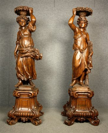 Firmato, datato. AREA LIGURE DEL XVIII SECOLO. Coppia di sculture in legno...