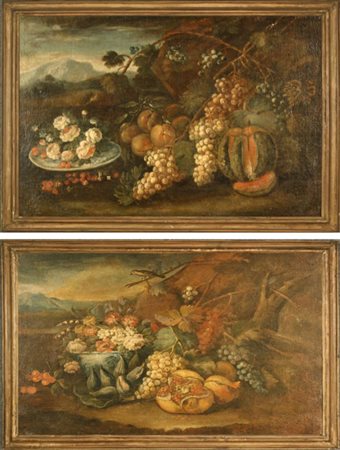 Firmato. Coppia di antichi dipinti olio su tela raff. ''NATURA MORTA''. XVIII...