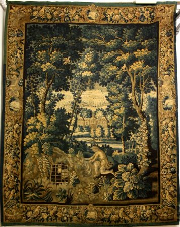 Firmato, datato. Arazzo fiammingo raff. ''PAESAGGIO''. XVII secolo. Difetti e...