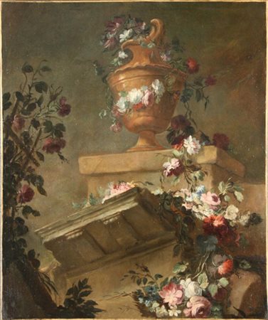 Dipinto olio su tela raff. ''COLONNA CON VASO IN MARMO E CASCATA DI FIORI''....