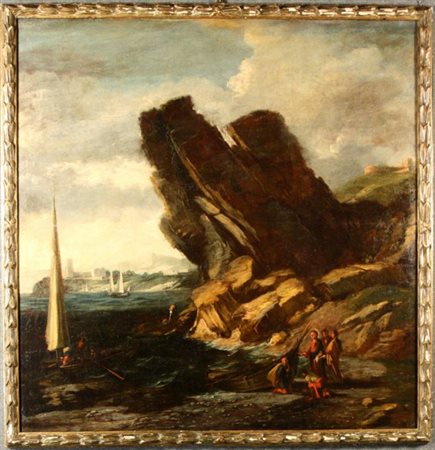 Firmato, datato. Antico dipinto olio su tela raff. ''PAESAGGIO MARINO CON LA...