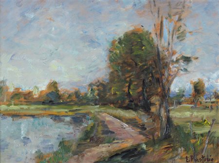 EZIO PASTORIO Milano 1911 Campagna in Lombardia, 1965 olio su tavola cm....