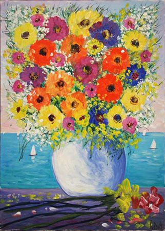 ANTONIO IALENTI Campobasso 12/07/1937 Vaso con fiori e marina olio su tela...