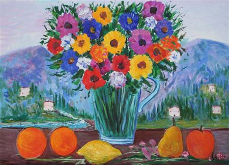 ANTONIO IALENTI Campobasso 12/07/1937 Vaso con fiori e frutta olio su tela...