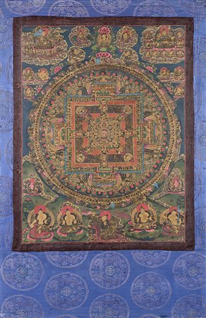 Thangka raffigurante varie divinità. Inchiostro e colori policromi su tela,...