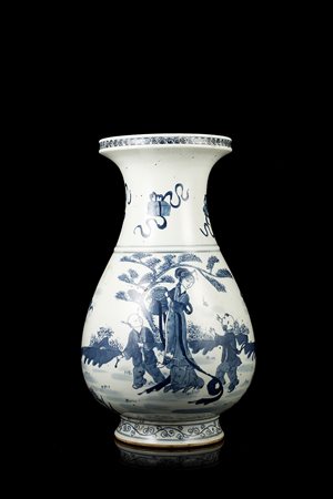 Vaso yuhuchunping in porcellana bianca e blu decorato con dame e saggi,...