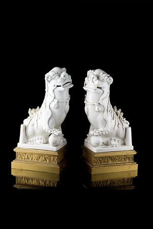 Due leoni buddhisti in Blanc-de-Chine con palla di broccato, basi in bronzo...