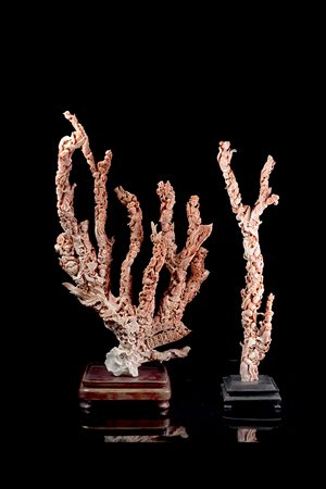 Due rami in corallo rosa intagliati con figure e uccelli, basi in legno...