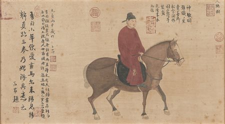 Ufficiale a cavallo, da un dipinto di Zhao Mengfu. Inchiostro e colore su...
