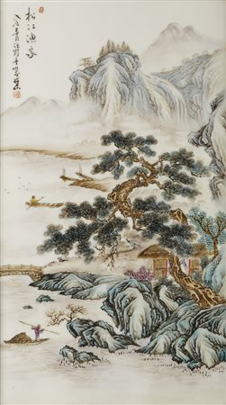 Placca in porcellana a smalti policromi decorata con scena di paesaggio con...