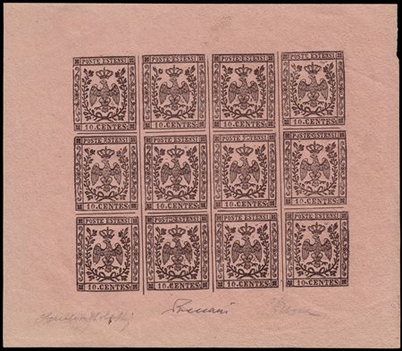 MODENA 1852Saggi. Foglio completo di 12 esemplari del 10c. rosa chiaro con...