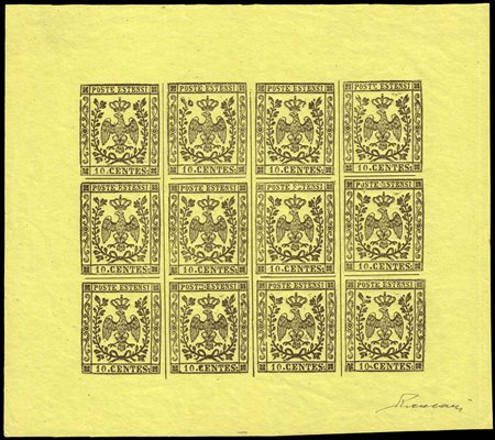 MODENA 1852Saggi. Foglio completo di 12 esemplari del 10c. giallo con...