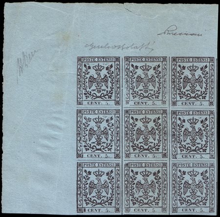 MODENA 1852Prove. Blocco di 9, da foglio di 260 esemplari, del 5c. nero su...