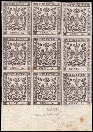 MODENA 1852Prove. Blocco di 9, da foglio di 240 esemplari, del 5c. nero su...