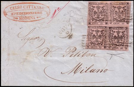 MODENA 1853 (20 nov.)Lettera da Modena per Milano affrancata con 2 coppie del...