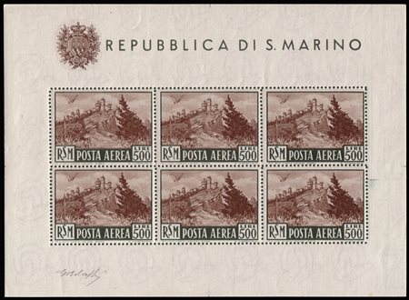 SAN MARINO 1951Foglietto posta aerea. 500 lire "Veduta"Cert. R. Diena. Firma...